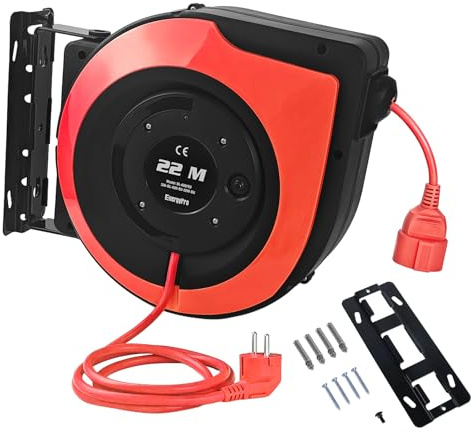 EnergyPro Automatische Kabeltrommel 22m, 2300W, wandmontierbar mit TÜV-Prüfung & Montage-Set – Kabeltrommel Outdoor für Garten, Werkstatt und Garage