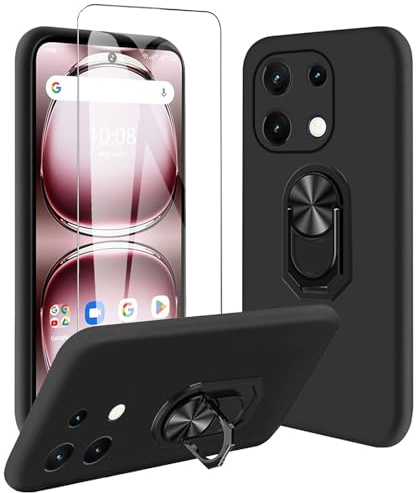 JDXHFF Hülle Kompatibel mit UMIDIGI Note 100 (6.8) Schwarz und 360° Drehbarer Ständer und Panzerglas Displayschutzfolie - Schutzhülle Weich Silikon Flexibel TPU Tasche Case
