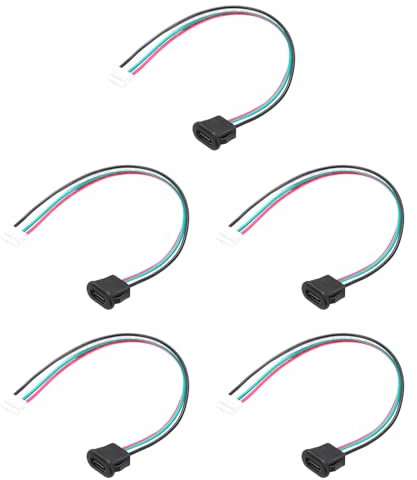 sourcing map 5pcs Type-C Female Chassis 4 Pin Wire, 5V 3A Square USB-C Female Socket to PH2.0 Waterproof Terminal Extension Cable for PC, LED Lamps, Laptop 6