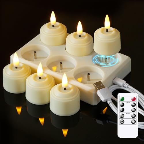 Bryxidor Wiederaufladbares 6er-Pack Timerfunktion Fernbedienung LED-Teelichter mit Ladestation, 4 cm x 5,5 cm Elfenbein flammenlose Kunststoff kleine flackernde Teelichter für Tischdekorationen
