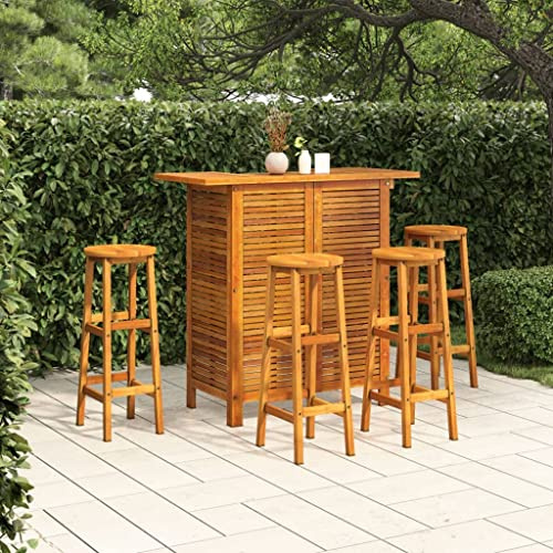 Runheo 5-TLG. Gartenbar-Set Massivholz Akazie, geölt, 110x50x105 cm Tisch, 4 Barhocker, für Garten, Terrasse, Balkon, robuste Outdoor-Möbel