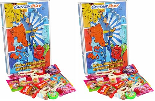CAPTAIN PLAY Retro Süßigkeiten Adventskalender 2025, Weihnachtskalender mit Süßigkeiten, 348g Retro Adventskalender Süßigkeiten (Packung mit 2)