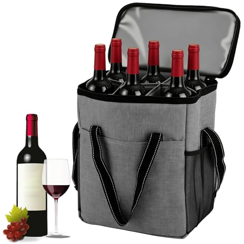 Insulated Wine Cooler Bag,4 Bottle Wine Tote Carrier,Portable Wine Carrier Gift bag with Shoulder Strap ,Champagne Cooler bag for Travel, Party, Christmas,Beach Travel Picnic (6 bottle grey)