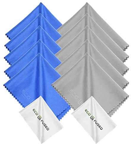 ECO-FUSED Microfiber Cleaning Cloth - 6 x 7 Blue/Grey with White Cleaning Cloth - 12 Pack for Glasses & Camera Lens