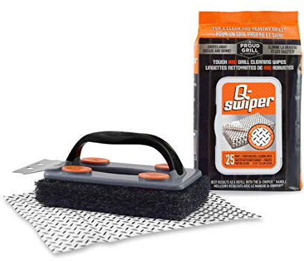 Q-Swiper Kit de nettoyage pour barbecue – 1 brosse de barbecue avec grattoir et 25 lingettes de nettoyage pour barbecue sans poils et sans fil. Moyen sûr d'enlever la graisse et la crasse pour un