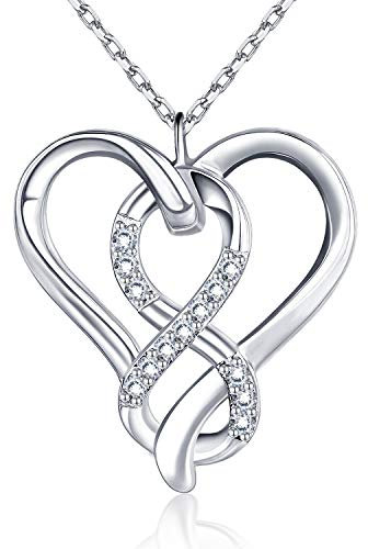 BlingGem Damen Kette aus Weißgold vergoldet 925 Sterling Silber mit Rundschliff Zirkonia Unendlichkeit Herz Liebe Anhänger Halskette Frauen,18 inch