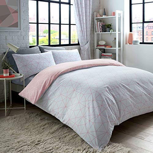 Metro Prism Triangle Geometric Blush Pink/Grey Adults Bedroom Range - Duvet Cover Sets and Curtains Available (Single Duvet Cover Set)