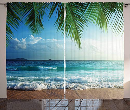 ABAKUHAUS Ozean Rustikaler Gardine, Palmen Tropical Island, Schlafzimmer Kräuselband Vorhang mit Schlaufen und Haken, 280 x 245 cm, Blau Grün