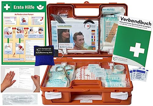 Verbandskoffer/Verbandskasten (K) Typ N -Paket 2- Erste Hilfe nach aktueller DIN 13157 für Betriebe -DSGVO- INKL. PERFORIERTEM VERBANDBUCH + Notfallbeatmungshilfe & AUSHANG