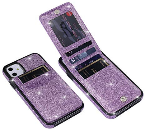 UEEBAI Wallet Case for iPhone 11, Glitter Ultra Slim PU Leather Case Back Wallet Kickstand Cover with Card Holder Slots Magnetic Clasp TPU Shockproof Flip Folio Case for iPhone 11 - Purple