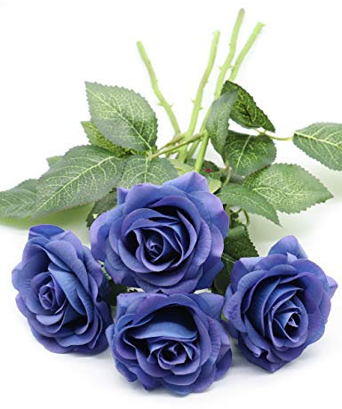 Derbway 4pcs rose artificiali fiore di seta, gambo unico finto rosa bouquet di fiori real touch per feste, matrimoni, casa, decorazione hotel (blu)