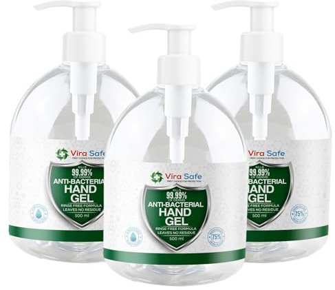 3x Vira Safe 500ml Vira Safe 70% Alcohol Pack of 3 Hand Sanitiser Antibacterial Gel Certified Kills 99% Germs Fast Drying Moisturising Formula