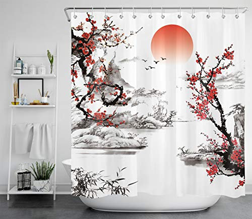 LB Chinesische Landschaft Duschvorhang Antischimmel Wasserdicht Badezimmer Vorhänge Bergbaumfluss und rote Sonne 180x200cm Extra Lang Polyester Bad Vorhang mit Haken