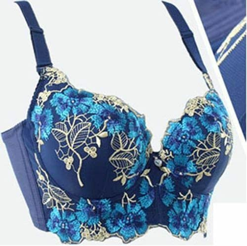 Thick Padded Add 2 Cups Bra Women Push-up Brassiere Deep V Lace Underwire Bras D (34A,Blue)
