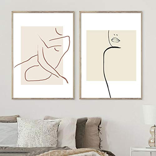 Abstrakte Frau Körper feine Linie Kunstdruck Neutrale Bilder Minimalistisches Poster Skandinavische Wandkunst Leinwand Malerei Dekor 70x90cmx2 Innenrahmen