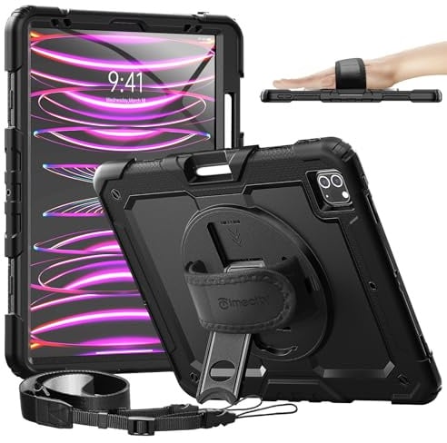 Timecity Étui de Protection pour iPad Pro 12,9 6e/5e/4e/3ème génération | Coque résistante aux chocs avec protection solide, protection d'écran, dragonne, support rotatif, porte-crayon - Noir