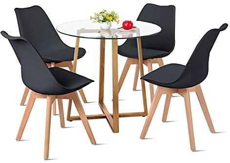 FUNITABLE Esstisch mit 4 Stühlen Essgruppe, 80 × 80 cm Runder Küchentisch aus Glas, Esszimmergruppe Tischgruppe für Bartisch Wohnzimmer Küche (Transparenter Tisch + 4 Schwarze Stühle)