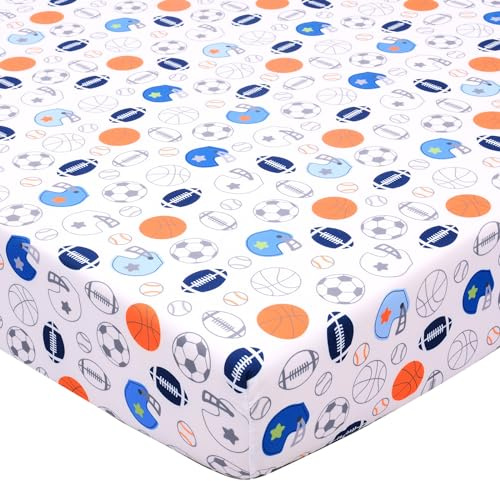 Crib Sheet - 1 Pack Sports Theme Nursery Bedding Sheet - Footballs Printed Standard Size Infant Bed Sheet Basketball Baby Boy Bed Linens for Crib by UOMNY