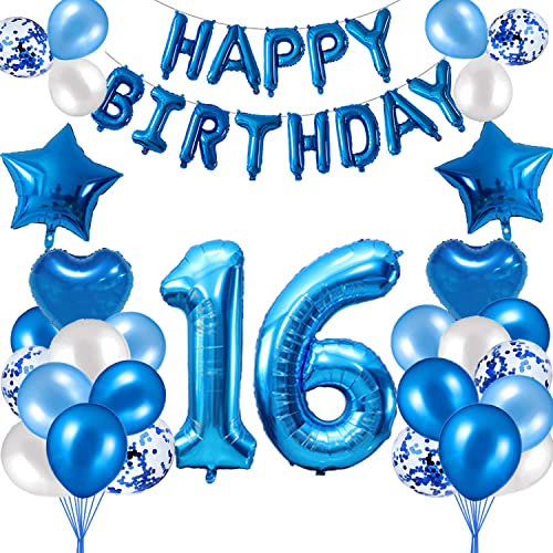 HCRXVV 16. Geburtstag Dekoration Blau 16 Jahr Jungen Geburtstagsdeko Set,Blaue Happy Birthday Girlande Banner Folienballon Jungen Party Deko Geburtstag Party für Wohnzimmer,Luftballons Zahl 156 Blau