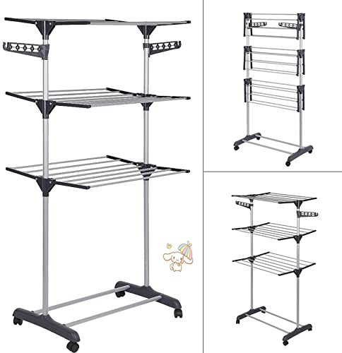 Etendoir à Linge Pliable Séchoir à vêtements Mobile Grand Séchoir à Linge Pliable à 3 Niveaux Peu encombrant Séchoir à Linge Séchoir à vêtements Tower Sèche Linge Gros avec Ailes (72*56*152cm gris)