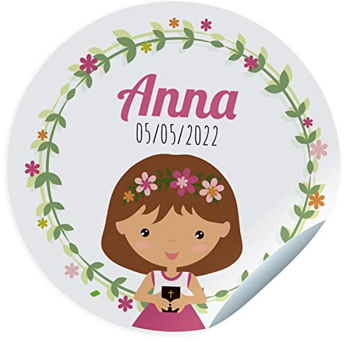24 Etiquetas adhesivas comunión. Pegatinas personalizadas con nombre y fecha para los regalos de tus invitados. Stickers adhesivos personalizados (45 mm)
