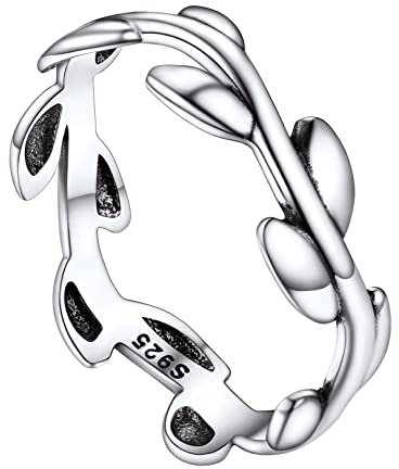 FOCALOOK Damen Olivenblatt Zweig Ring S925 Silber Ring Größe 64 Fingerring Freundschaftsring Geschlossener Ring Modeschmuck für Geliebte Freundin