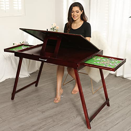 Wooden Jigsaw Puzzle Folding Table for Adults and Kids,Portable Puzzle Folding Table with Non-Slip Surface Tilting Board for Games or Gift for Puzzle Amateur (1500 Pcs with 2 Drawers)