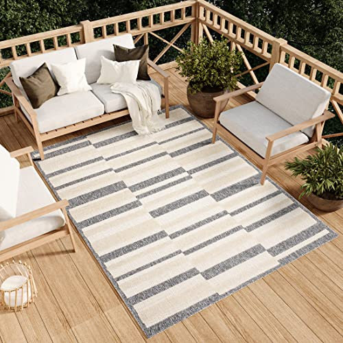 TAPISO Viera Teppich Outdoor Indoor Creme Grau Modern Design Sisal Optik Terasse Balkon Loop Teppich Strapazierfähig UV-Beständig ÖKO-TEX 140 x 200 cm