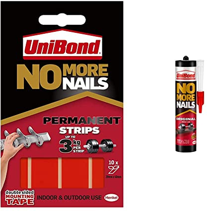 Unibond No More Nails Permanent Strips, Adhesive Strips for Fast & Easy Mounting, Pack of 10, 1 & 1426052 No More Nails Original, Heavy-Duty Mounting Adhesive, 1 x 365g Cartridge
