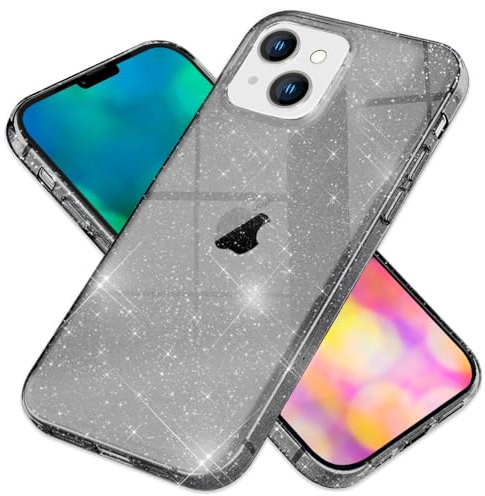 NALIA Glitzerhülle für iPhone 14 Plus - Hülle, Schwarz | Reflektierende Partikel im Material verschmolzen, Geschmeidige Oberfläche, Erhöhte Kanten an Kamera und Display