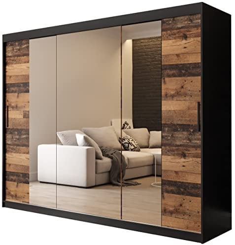 KRYSPOL Schiebetürenschrank Old Style T2 250 cm Kleiderschrank mit Spiegel Einlegeboden Schlafzimmer- Wohnzimmerschrank Schiebetüren Modern Design (Schubladen: 4)