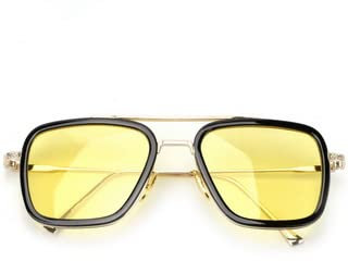 Retro Vintage Sunglasses Tony Stark Glasses Square Metal Frame for Men Women Goggle Classic Alloy Frame (Black Frame Yellow Lens)