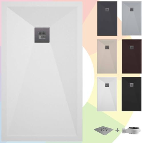 SOULBATH Plato de Ducha - Resina - Gel Coat - Textura Liso/Piedra - Antideslizante - Color Blanco - 80x80- Extraplano 3cm. Incluye Válvula de desagüe - Standard