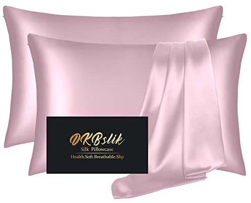 Silk Pillow Cases 2 Pack, Mulberry Silk Pillowcases Standard Set of 2, Smooth, Anti Acne, Beauty Sleep, Both Sides Natural Silk Satin Pillow Cases for Women 2 Pack with Zipper for Gift, Light Pink