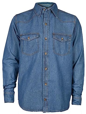 True Face Mens Denim Shirt 100% Cotton Multi Pocket Long Sleeve Casual Collared Button Down Washed Effect Shirts Top Mid Wash XL