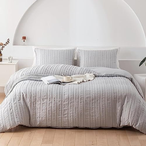 AShanlan Boho Bettwäsche 135x200 Grau Getuftet Stickerei Gestreift Bohemian Style Bettbezug Super Weich Gewaschene Microfaser Wendebettwäsche Set mit Reißverschluss und Kissenbezug 80x80 cm