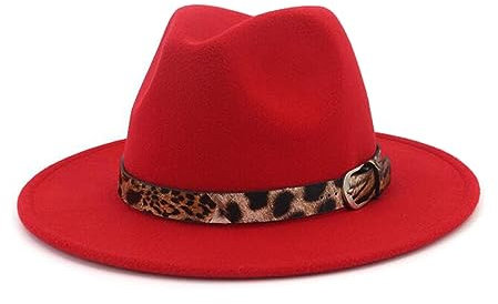 Womens Felt Panama Hat Classic Wide Brim Fedora Hat Cap with Leopard Belt Buckle (Red Head Circumference: 56-58cm)