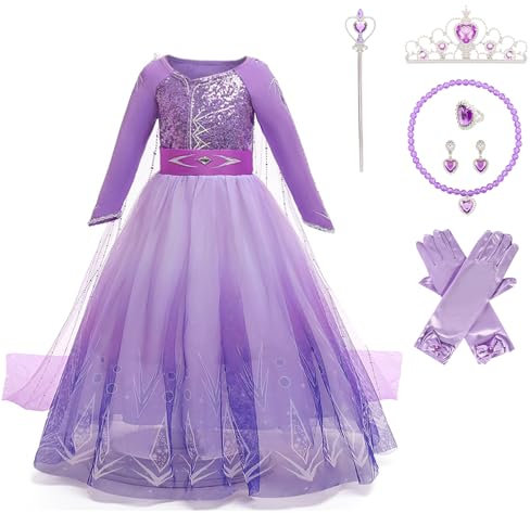 Pianocean Elsa Prinzessin Kleid Mädchen, Kostüm Kinder Mit Krone Zauberstab Halsketten, für Halloween Weihnachten Cosplay Karneval Geburtstag Party