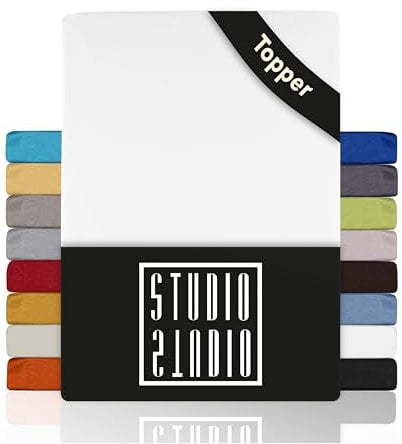 STUDIO Basic Topper Spannbettlaken 180x200cm – Jersey-Spannbetttuch aus 100 % gekämmter Baumwolle – Weiß – bügelfrei, elastisch & Oeko-TEX Zertifiziert – für Topper 4–14 cm