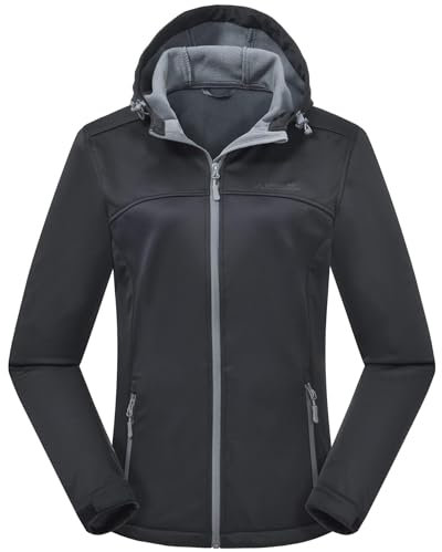 ATLASLAVA Veste softshell pour femme - Imperméable - Respirante - En polaire légère - Avec capuche - Veste de mi-saison - Course à pied, Noir , XXL