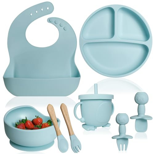 Bluet B Baby - Vajilla Bebe Silicona - Plato Bebe Ventosa - Vajilla Infantil Antideslizante sin BPA - Set Silicona Platos Bebe - Cubiertos Bebe BLW - 8 piezas - Azul