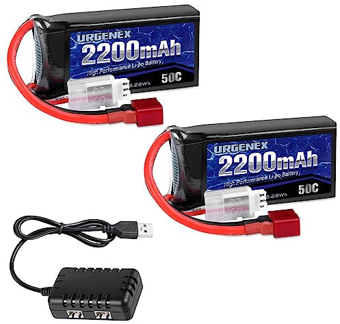 URGENEX 7.4V 2200mAh Lipo Battery 50C(Burst 80C) High Discharge Rate RC Batteries Deans T Plug with 1 to 2 USB Charger Fit for RC Car Truggy, RC Airplane, FPV Drone, UAV Quadcopter and Helicopter