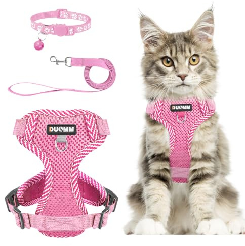 Muecleao Katzengeschirr mit Leine Ausbruchsicher, Katzenleine mit Geschirr für Katzen, Verstellbares Katzengeschirr Katzenhalsband mit Reflektierenden Streifen für Outdoor Training Gehen (Rosa, M)
