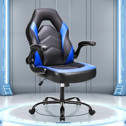 OLIXIS Ergonomic PU Leather Gaming Chair with Folding Arms and 360° Swivel Wheels, Height Adjustable for Home, Office, Video Running, 65.98 x 65.39 x