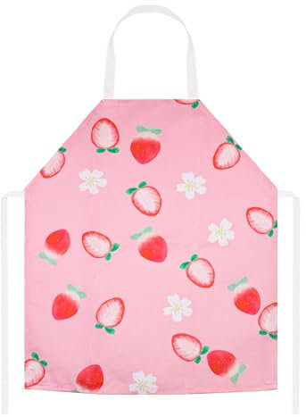 TOPWAYS Grembiule per bambini, grazioso grembiule da cucina con cartoni animati, per ragazzi e ragazze, grembiule per bambini per pittura artistica e giardinaggio, fragole rosa, Taglia unica