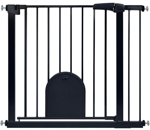 HENGMEI Rejilla de protección para escaleras, sin agujeros, 85-95 cm, cierre automático, puerta de metal para seguridad infantil, color negro (con puerta para mascotas)