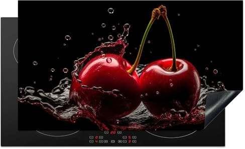 KitchenYeah© Protection Pour Plaque Induction Deco Cuisine Protégé Cache De | 91x52 cm - Cuisson Vitroceramique Cerises - Rouge - Fruit - Eau - Noir