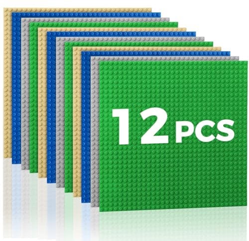Lekebaby Classic Baseplates Building Base Plates for Building Bricks,10 x 10 Baseplates 100% Compatible with Major Brands,Pack of 12,Green/Blue/Grey/Sand