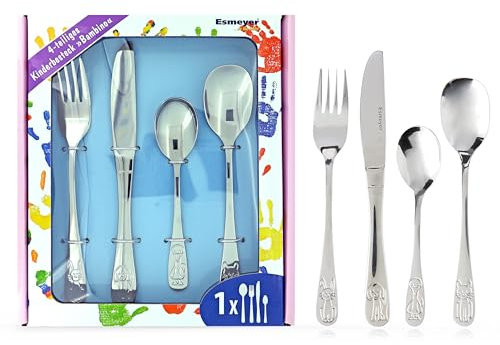 Esmeyer Kinderbesteck - 4-teilig, Silber, Holz, mit Namensgravur, 1 Set, 4 Teile