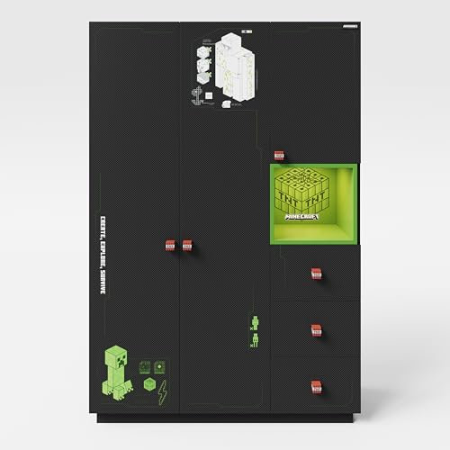 phoenix group AG Minecraft - Kleiderschrank mit 3 Türen und 3 Schubladen, inkl Kleiderstange und Beleuchtung, Schwarz